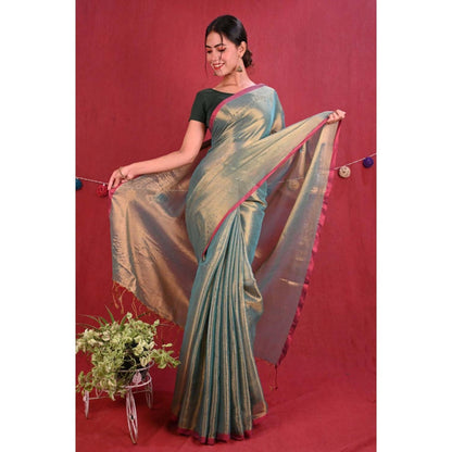 Isadora Life Womens Woven Zari Green Pre-Draped Saree With Unstitched Blouse