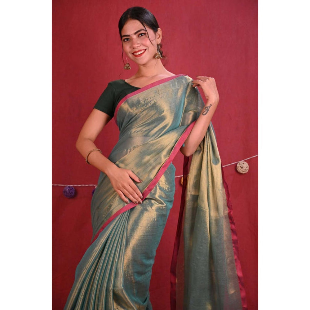 Isadora Life Womens Woven Zari Green Pre-Draped Saree With Unstitched Blouse