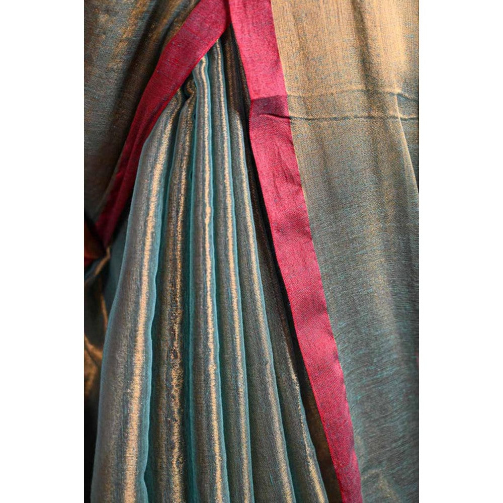 Isadora Life Womens Woven Zari Green Pre-Draped Saree With Unstitched Blouse