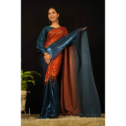 Isadora Life Womens Sequined Multi-Color Pre-Draped Saree With Unstitched Blouse