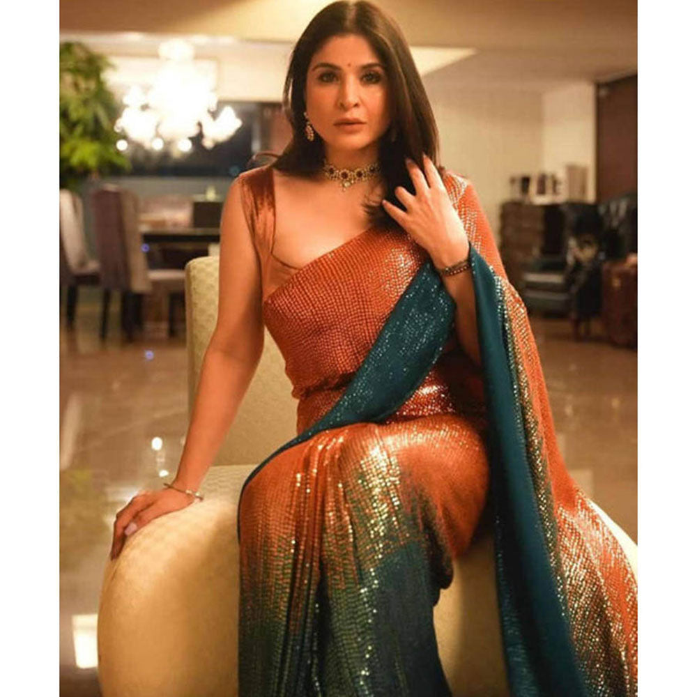 Isadora Life Womens Sequined Multi-Color Pre-Draped Saree With Unstitched Blouse