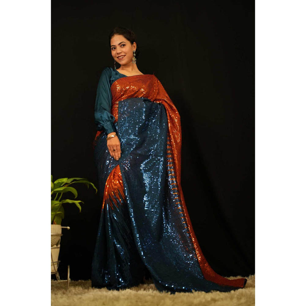 Isadora Life Womens Sequined Multi-Color Pre-Draped Saree With Unstitched Blouse