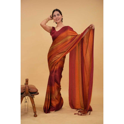 Isadora Life Womens Stripes Tassels Multi-Color Pre-Draped Saree With Unstitched Blouse