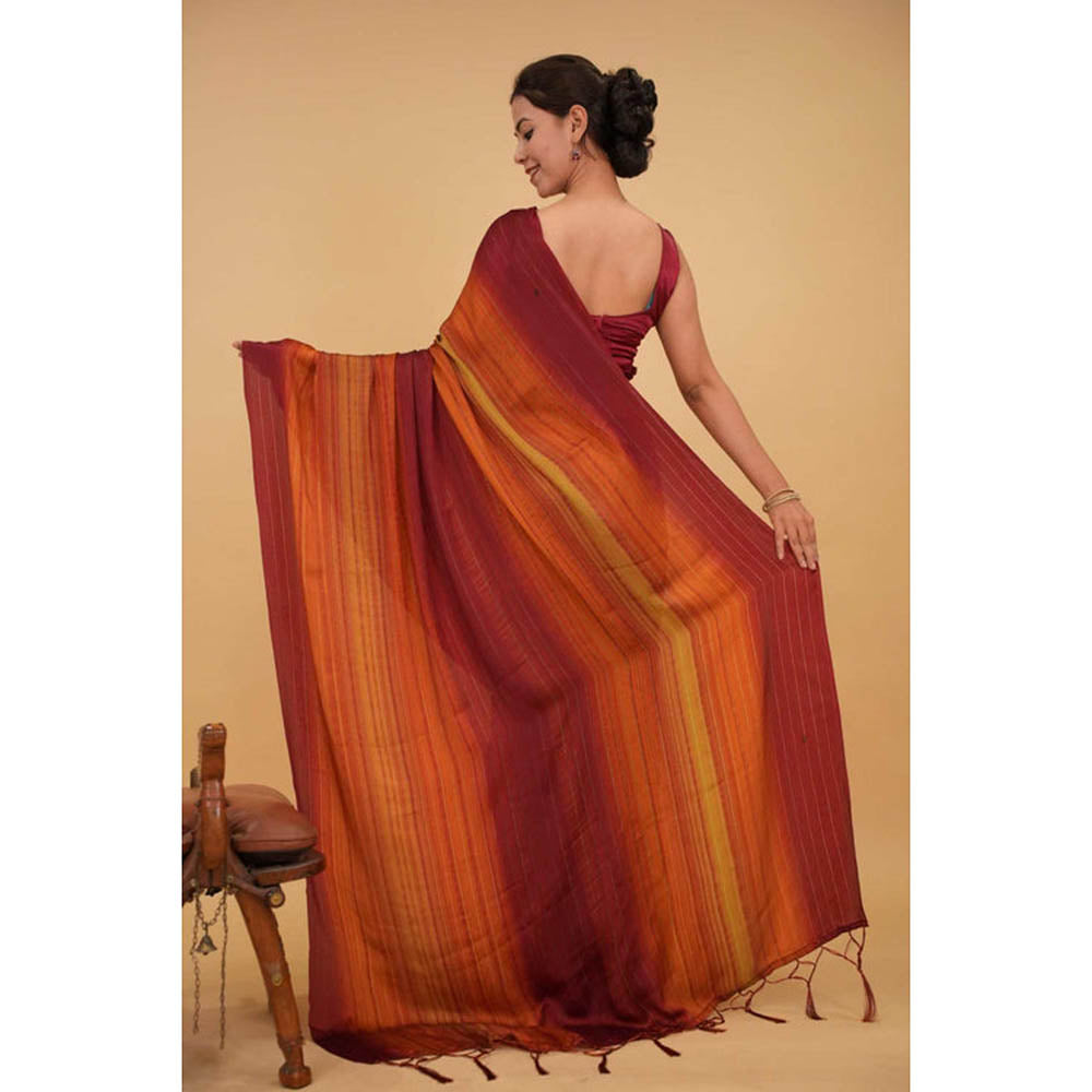 Isadora Life Womens Stripes Tassels Multi-Color Pre-Draped Saree With Unstitched Blouse