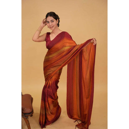 Isadora Life Womens Stripes Tassels Multi-Color Pre-Draped Saree With Unstitched Blouse
