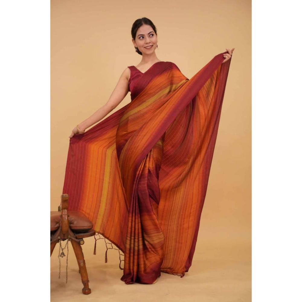 Isadora Life Womens Stripes Tassels Multi-Color Pre-Draped Saree With Unstitched Blouse