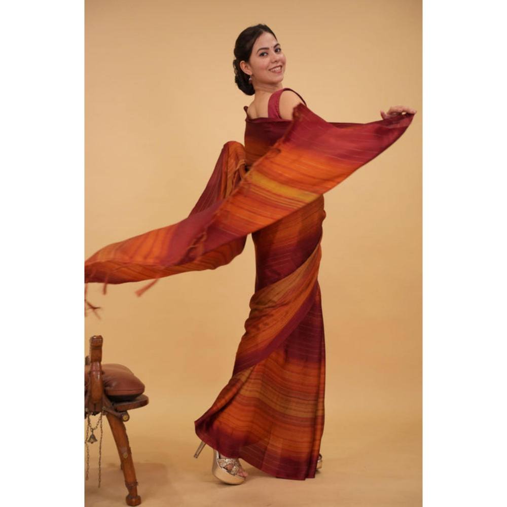 Isadora Life Womens Stripes Tassels Multi-Color Pre-Draped Saree With Unstitched Blouse
