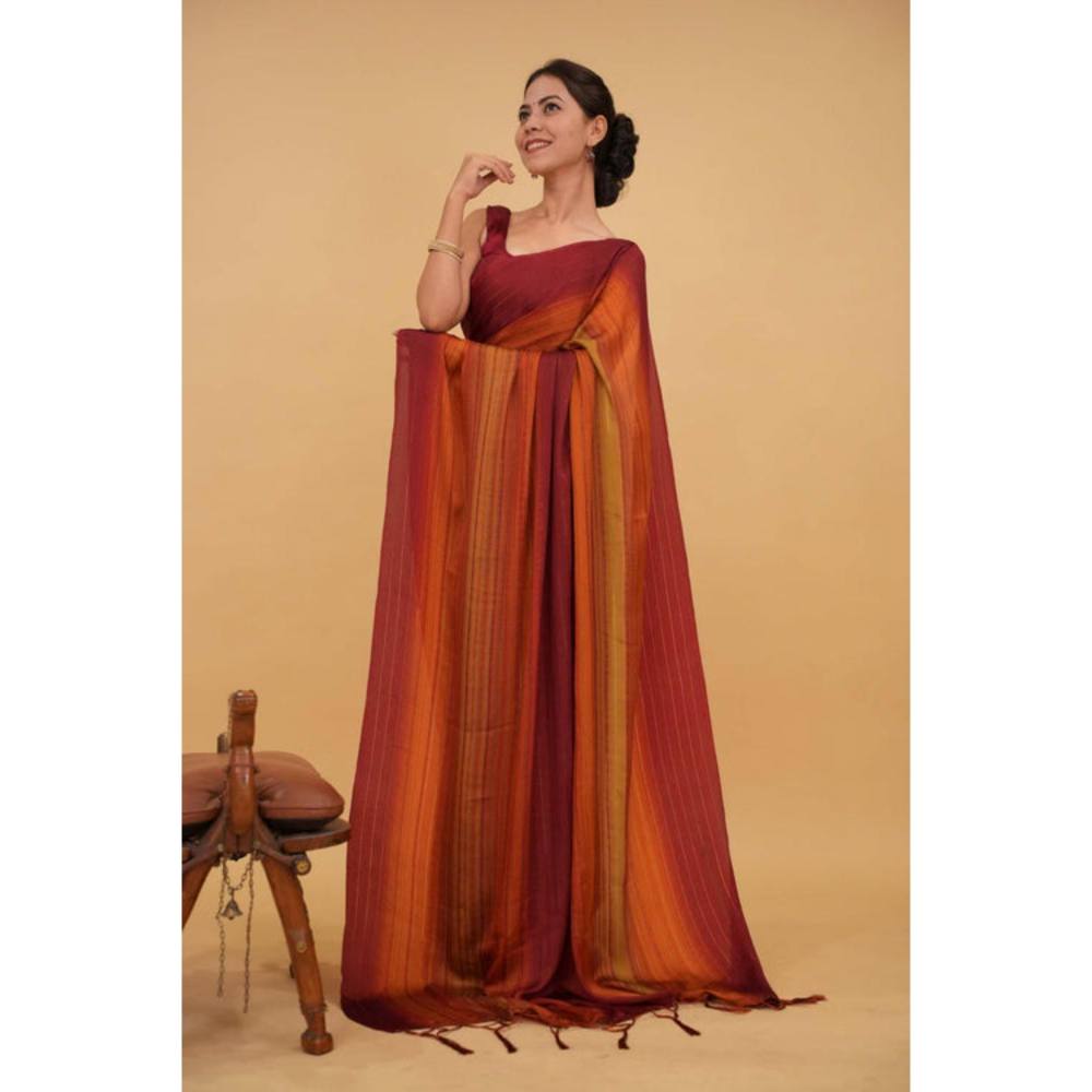 Isadora Life Womens Stripes Tassels Multi-Color Pre-Draped Saree With Unstitched Blouse