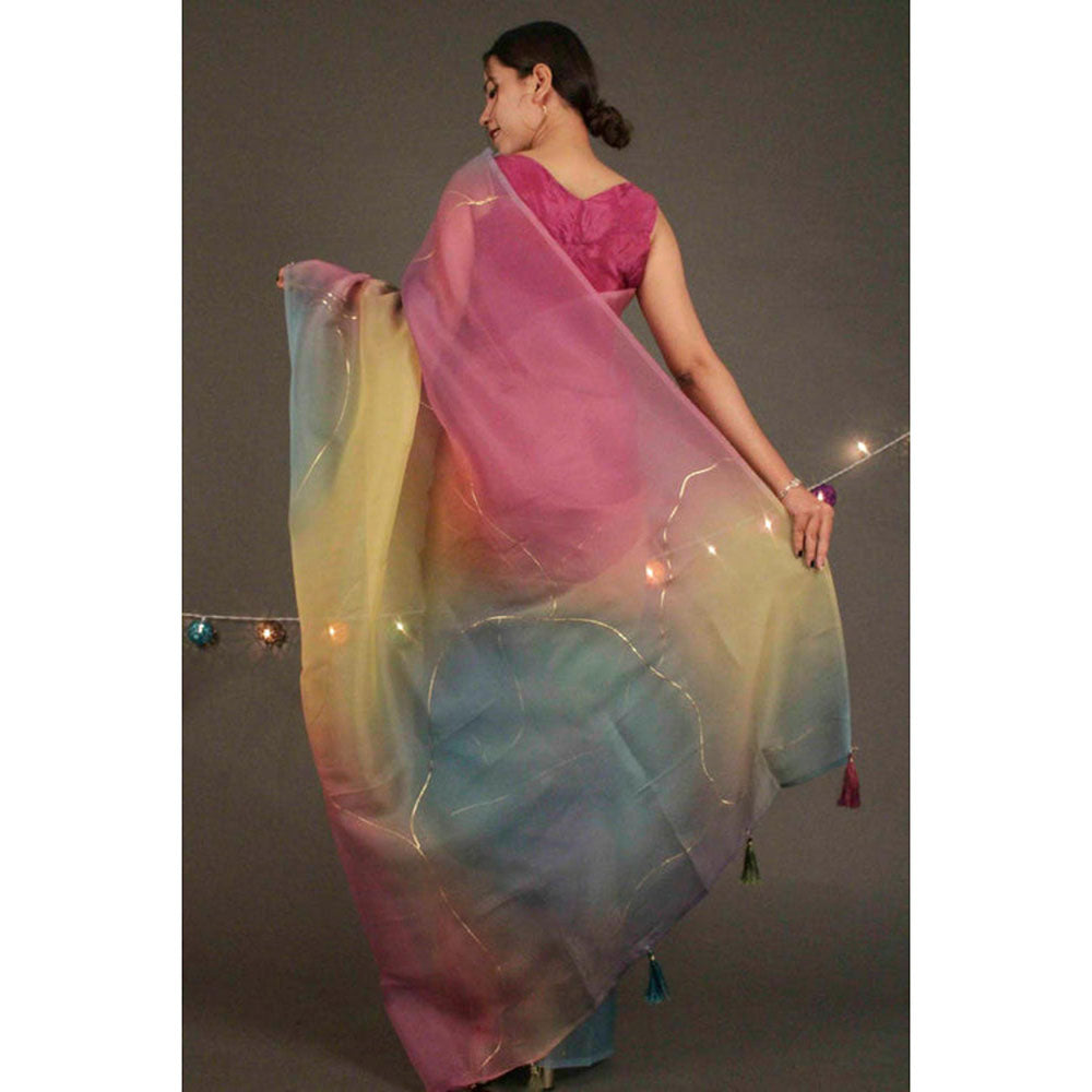 Isadora Life Womens Ombre Embroidered Multi-Color Pre-Draped Saree With Unstitched Blouse