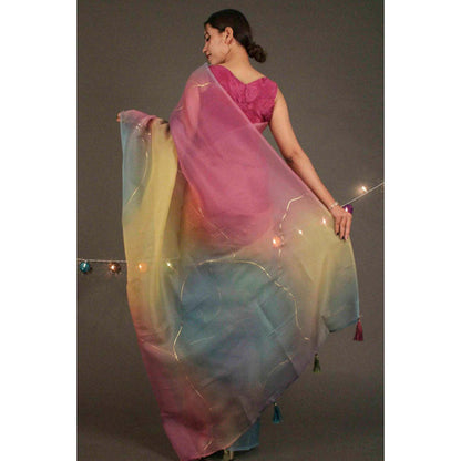 Isadora Life Womens Ombre Embroidered Multi-Color Pre-Draped Saree With Unstitched Blouse