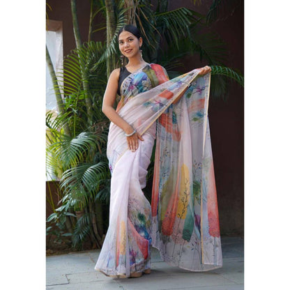 Isadora Life Womens Printed Multi-Color Pre-Draped Saree With Unstitched Blouse