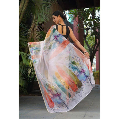 Isadora Life Womens Printed Multi-Color Pre-Draped Saree With Unstitched Blouse