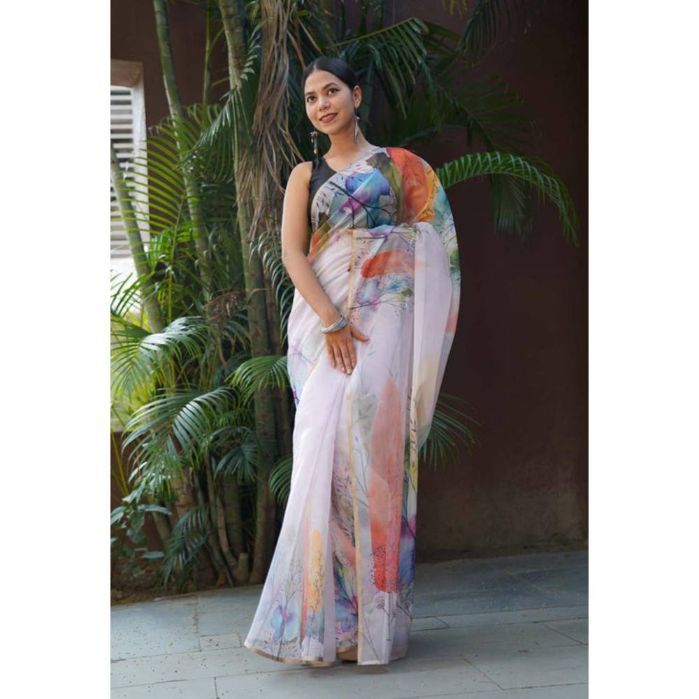 Isadora Life Womens Printed Multi-Color Pre-Draped Saree With Unstitched Blouse