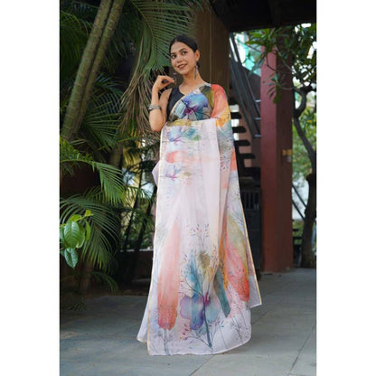 Isadora Life Womens Printed Multi-Color Pre-Draped Saree With Unstitched Blouse