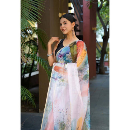Isadora Life Womens Printed Multi-Color Pre-Draped Saree With Unstitched Blouse