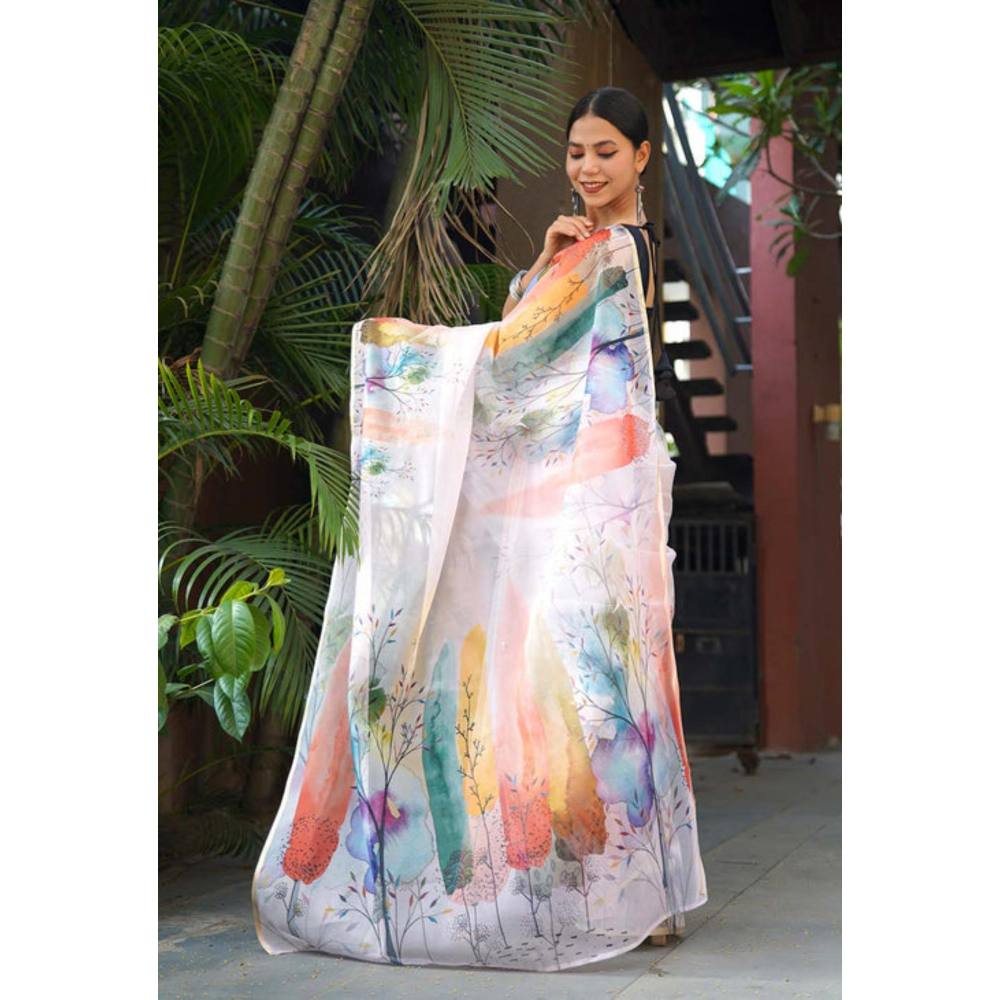 Isadora Life Womens Printed Multi-Color Pre-Draped Saree With Unstitched Blouse