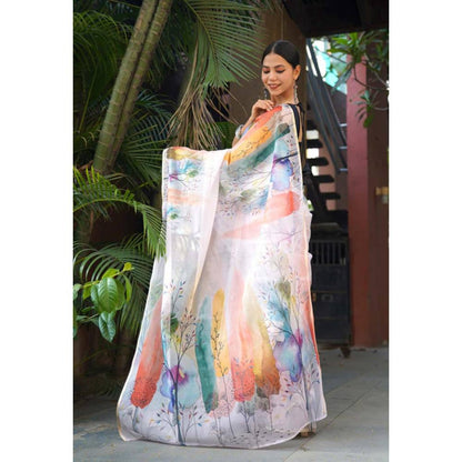 Isadora Life Womens Printed Multi-Color Pre-Draped Saree With Unstitched Blouse