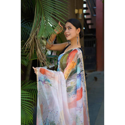 Isadora Life Womens Printed Multi-Color Pre-Draped Saree With Unstitched Blouse