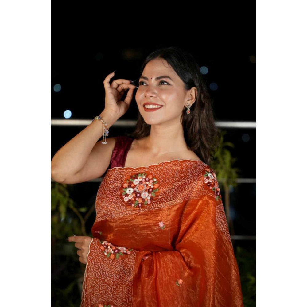 Isadora Life Womens Embroidered Sequined Orange Pre-Draped Saree With Unstitched Blouse