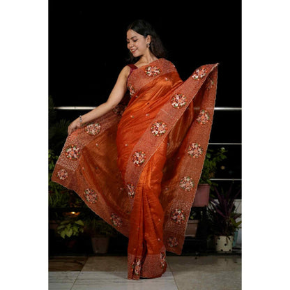 Isadora Life Womens Embroidered Sequined Orange Pre-Draped Saree With Unstitched Blouse