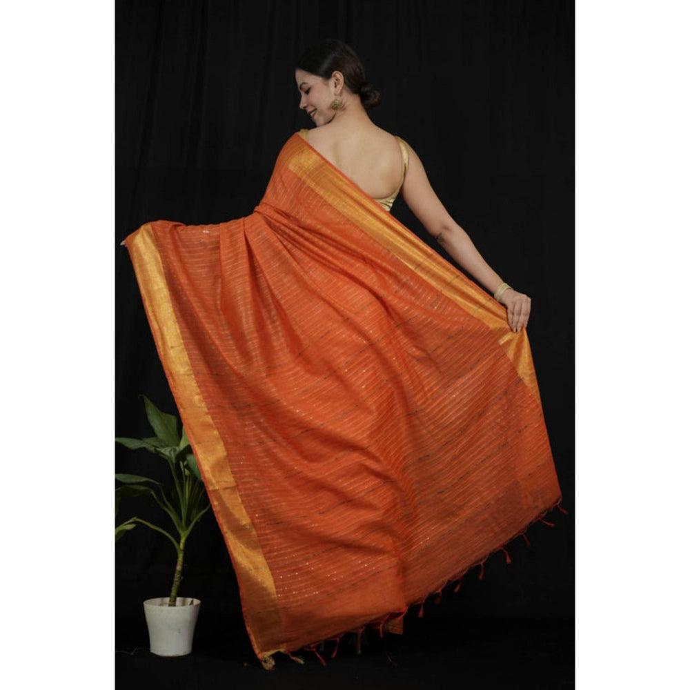 Isadora Life Womens Sequined Zari Orange Pre-Draped Saree With Unstitched Blouse