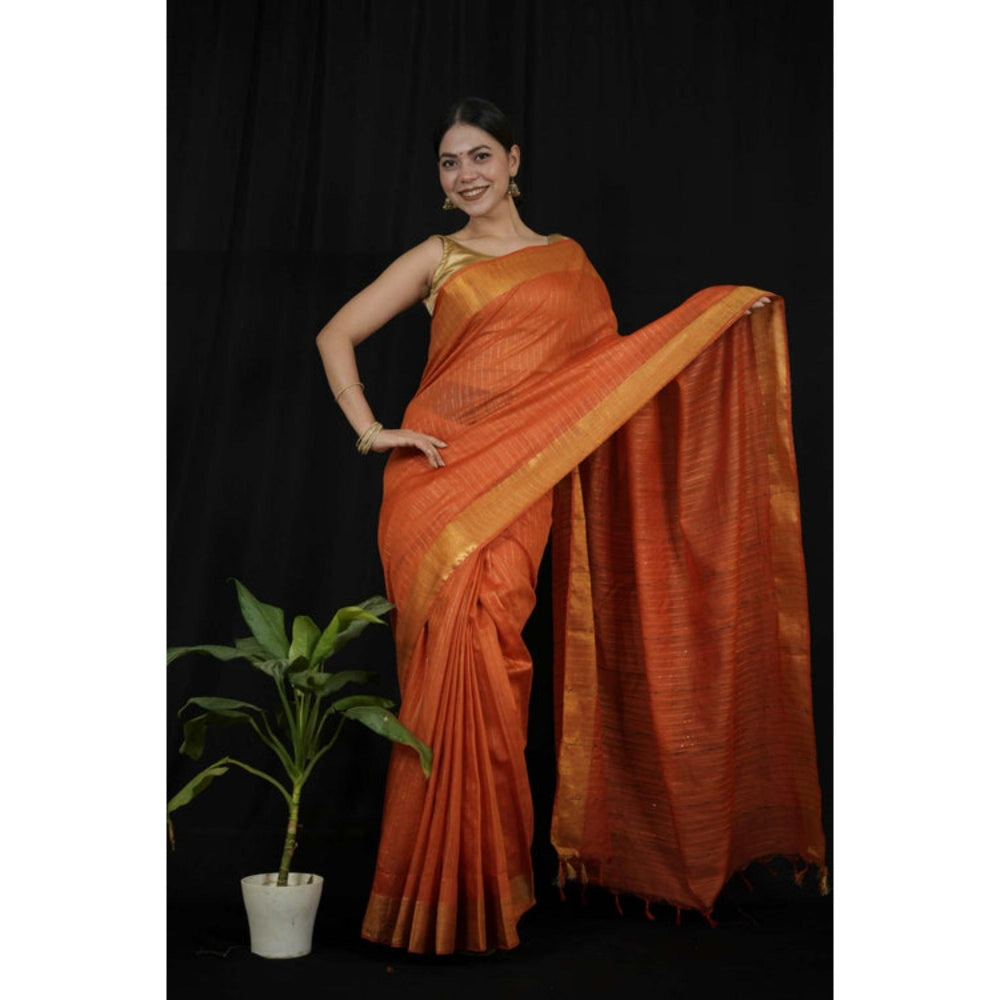 Isadora Life Womens Sequined Zari Orange Pre-Draped Saree With Unstitched Blouse