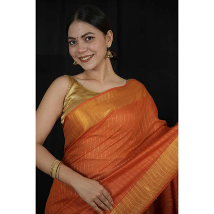 Isadora Life Womens Sequined Zari Orange Pre-Draped Saree With Unstitched Blouse