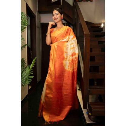 Isadora Life Womens Tie & Dye Tassels Orange Pre-Draped Saree With Unstitched Blouse