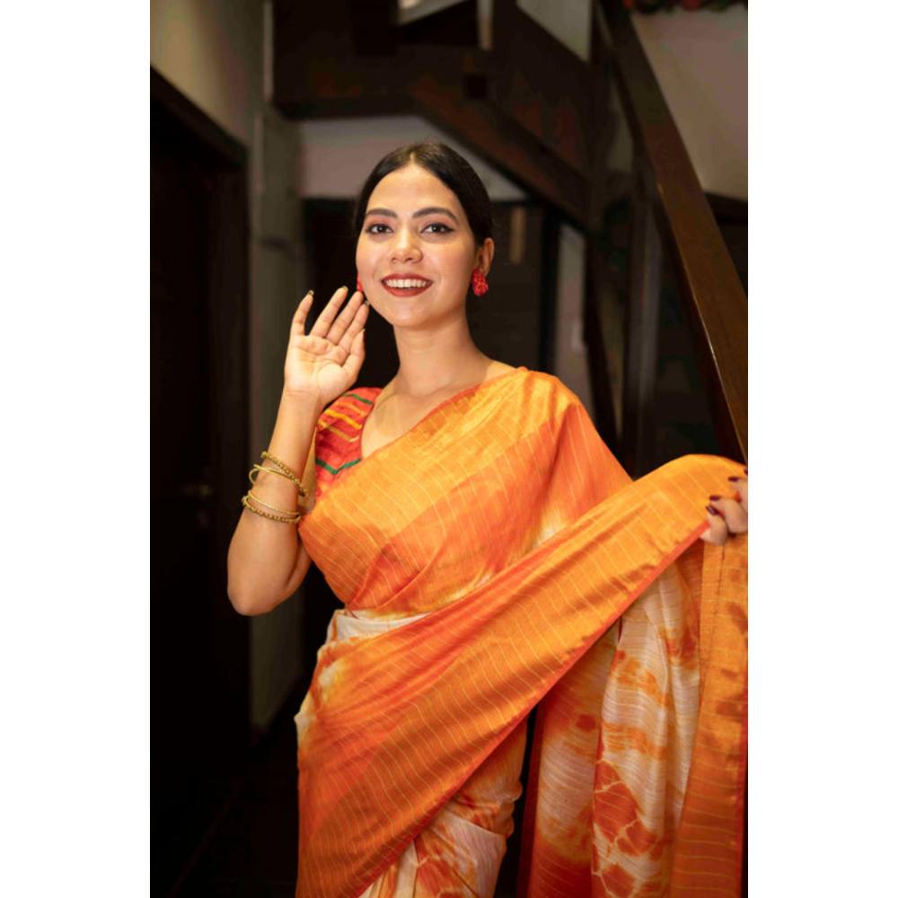 Isadora Life Womens Tie & Dye Tassels Orange Pre-Draped Saree With Unstitched Blouse