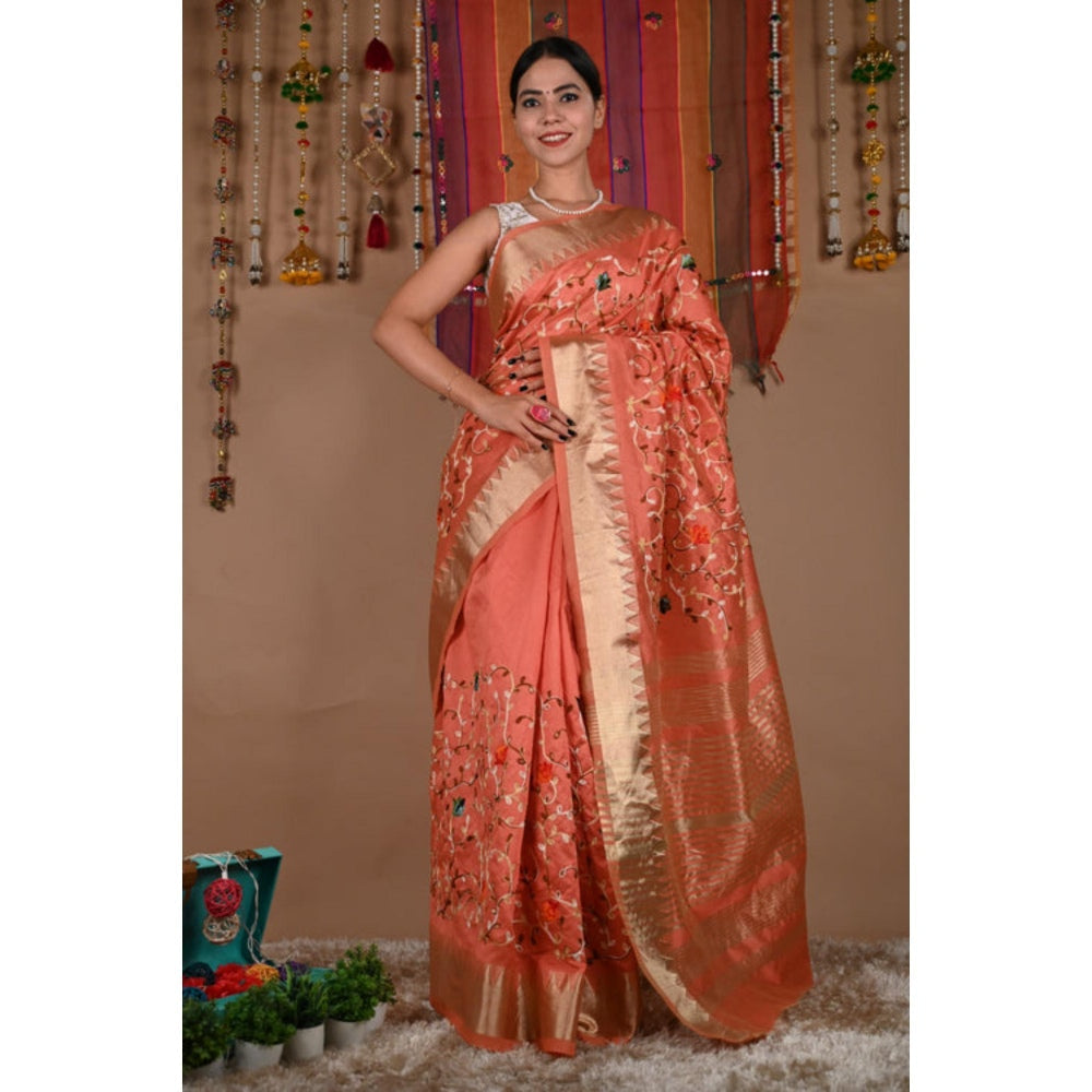 Isadora Life Womens Embroidered Thread Work Orange Pre-Draped Saree With Unstitched Blouse