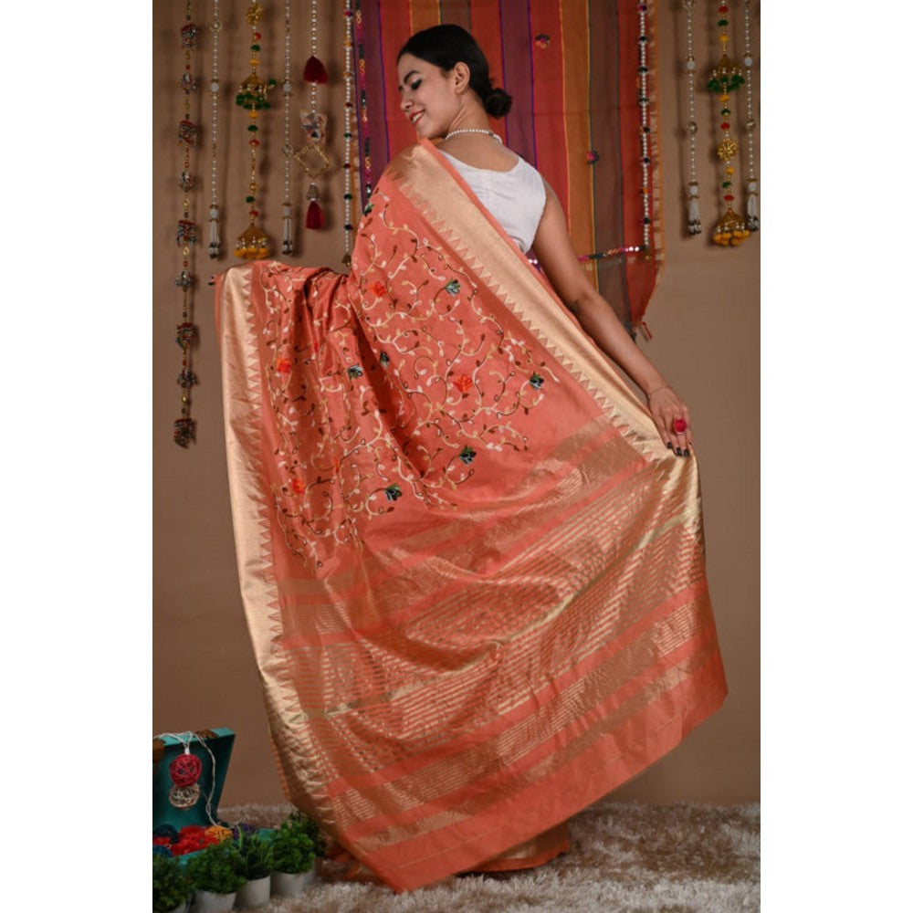 Isadora Life Womens Embroidered Thread Work Orange Pre-Draped Saree With Unstitched Blouse