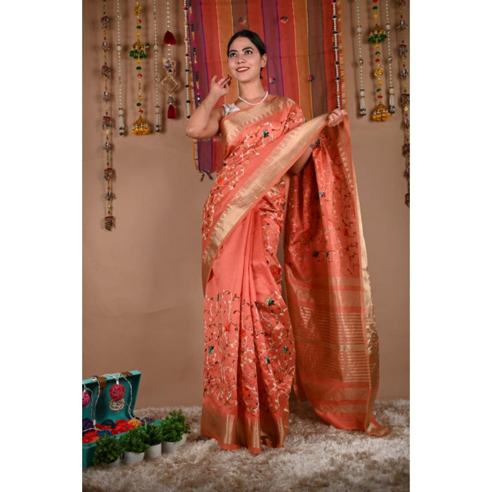 Isadora Life Womens Embroidered Thread Work Orange Pre-Draped Saree With Unstitched Blouse