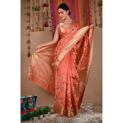 Isadora Life Womens Embroidered Thread Work Orange Pre-Draped Saree With Unstitched Blouse