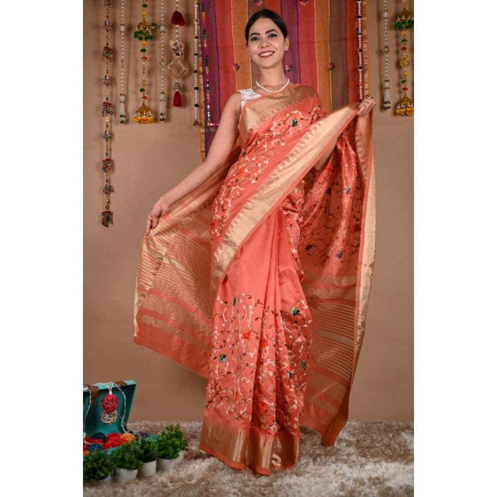 Isadora Life Womens Embroidered Thread Work Orange Pre-Draped Saree With Unstitched Blouse