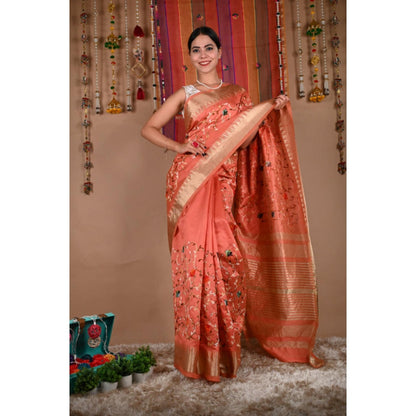 Isadora Life Womens Embroidered Thread Work Orange Pre-Draped Saree With Unstitched Blouse
