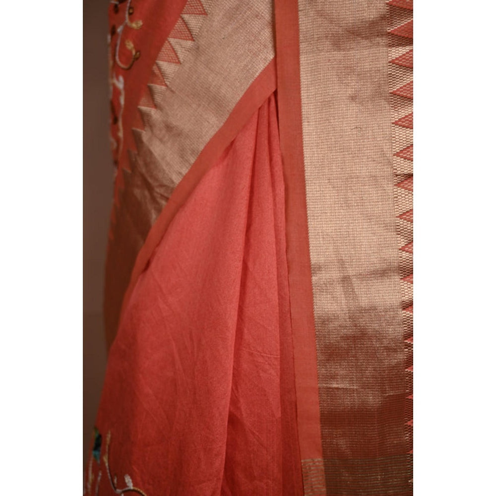 Isadora Life Womens Embroidered Thread Work Orange Pre-Draped Saree With Unstitched Blouse