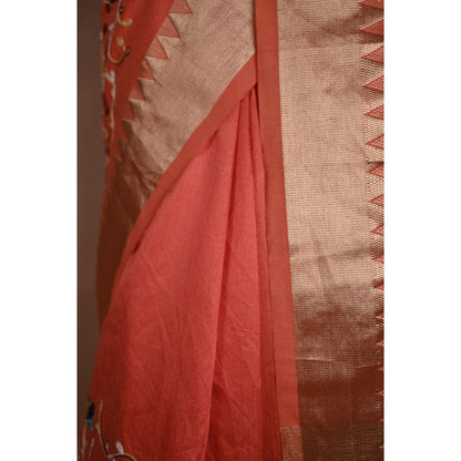 Isadora Life Womens Embroidered Thread Work Orange Pre-Draped Saree With Unstitched Blouse