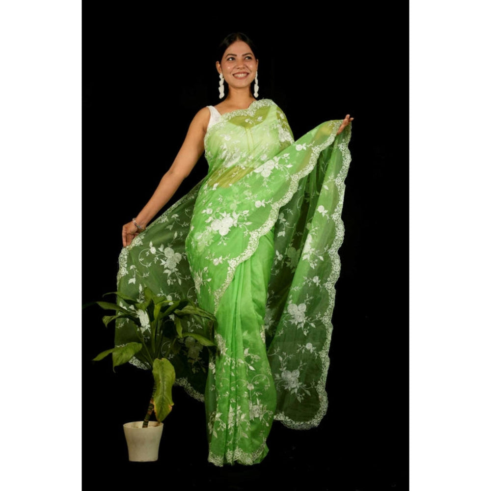 Isadora Life Womens Embroidered Thread Work Green Pre-Draped Saree With Unstitched Blouse