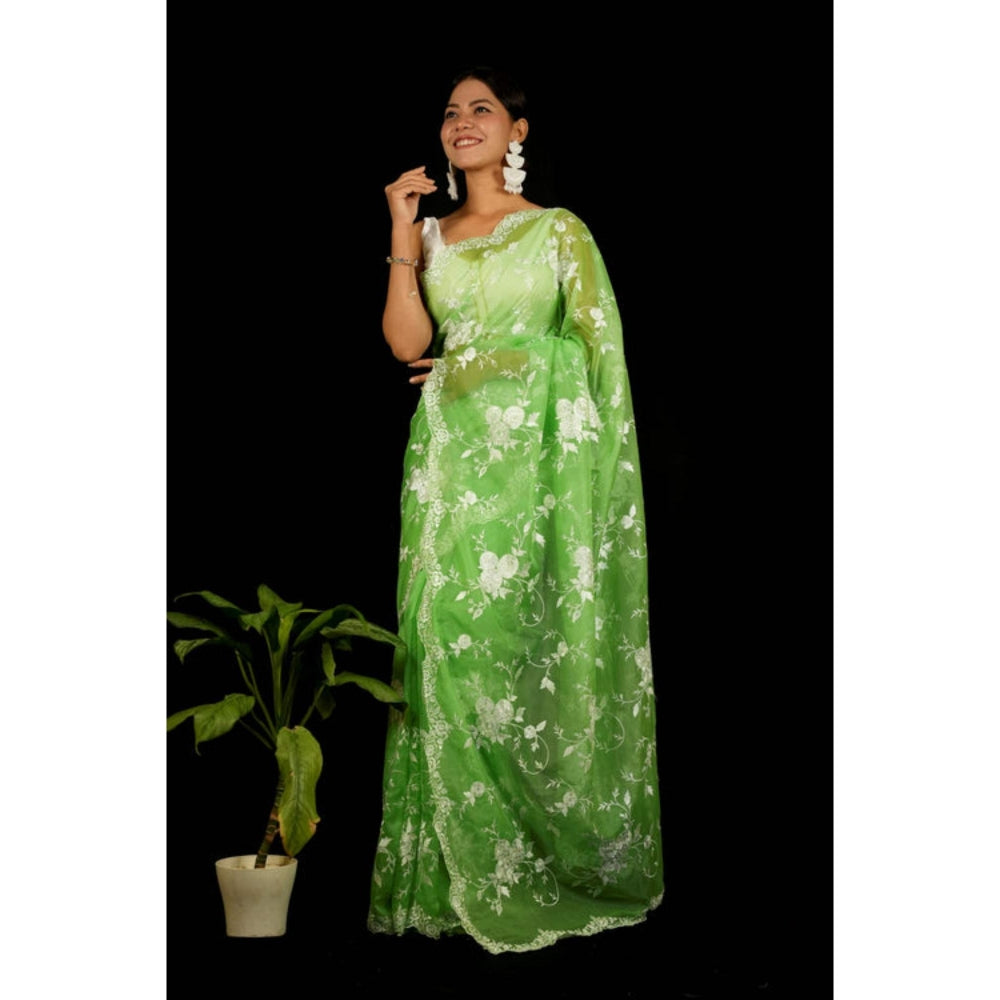 Isadora Life Womens Embroidered Thread Work Green Pre-Draped Saree With Unstitched Blouse