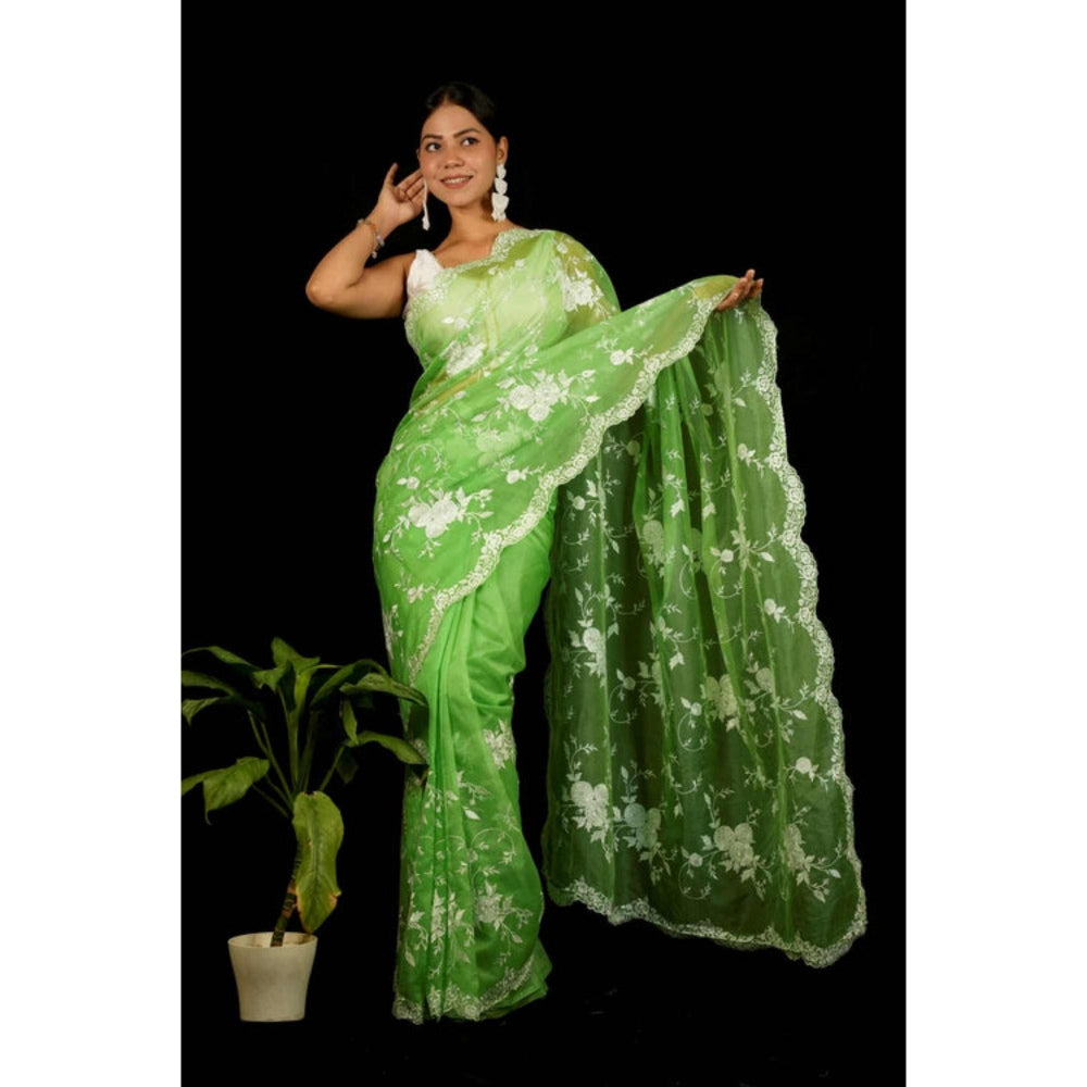 Isadora Life Womens Embroidered Thread Work Green Pre-Draped Saree With Unstitched Blouse