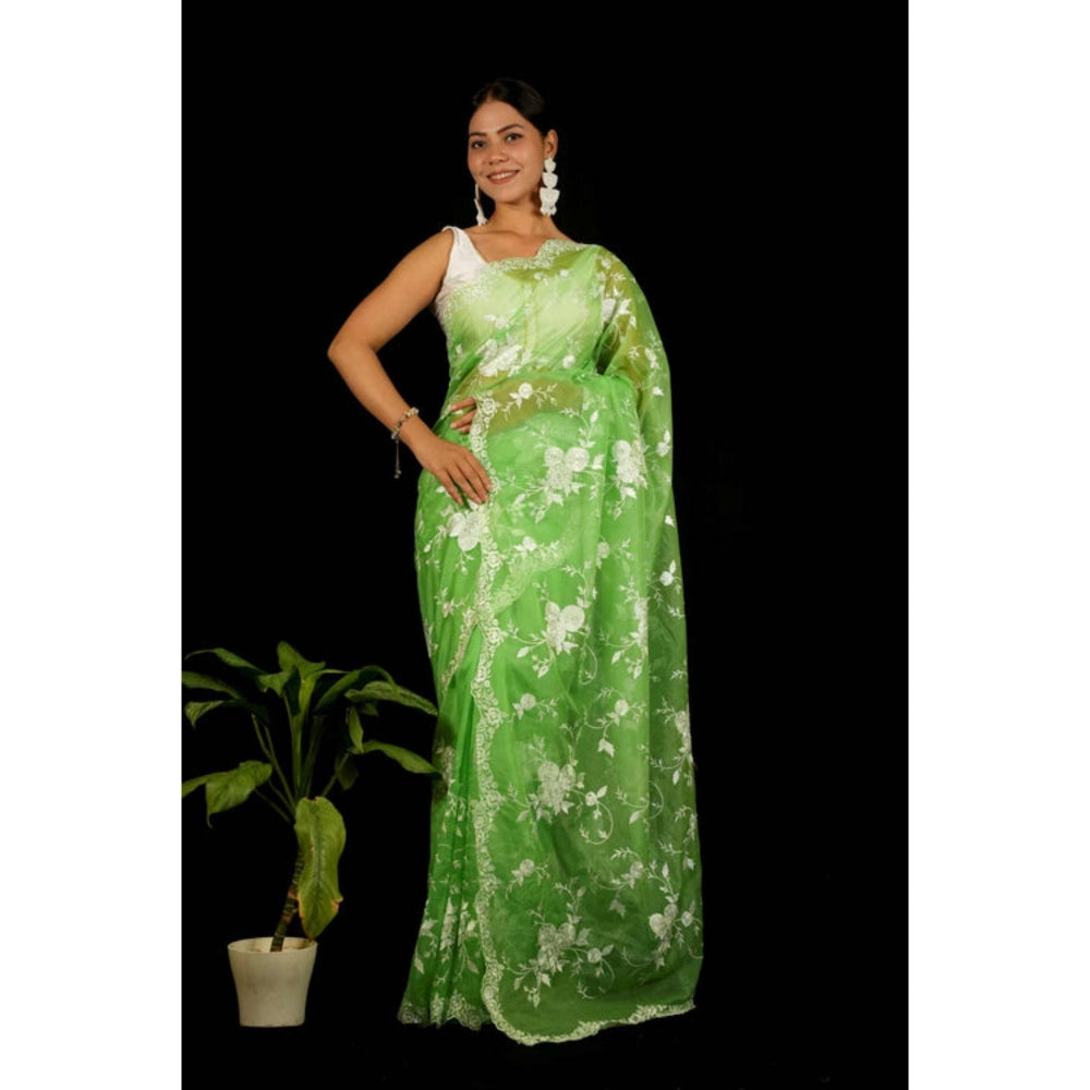 Isadora Life Womens Embroidered Thread Work Green Pre-Draped Saree With Unstitched Blouse