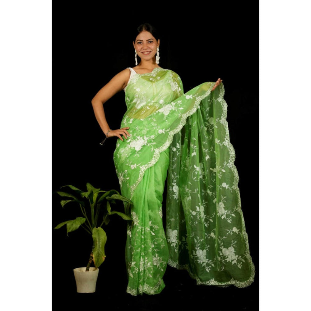 Isadora Life Womens Embroidered Thread Work Green Pre-Draped Saree With Unstitched Blouse