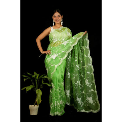 Isadora Life Womens Embroidered Thread Work Green Pre-Draped Saree With Unstitched Blouse