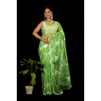Isadora Life Womens Embroidered Thread Work Green Pre-Draped Saree With Unstitched Blouse