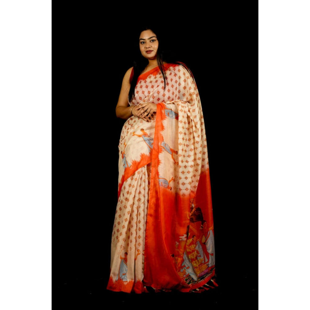 Isadora Life Womens Printed Tassels Cream Pre-Draped Saree With Unstitched Blouse