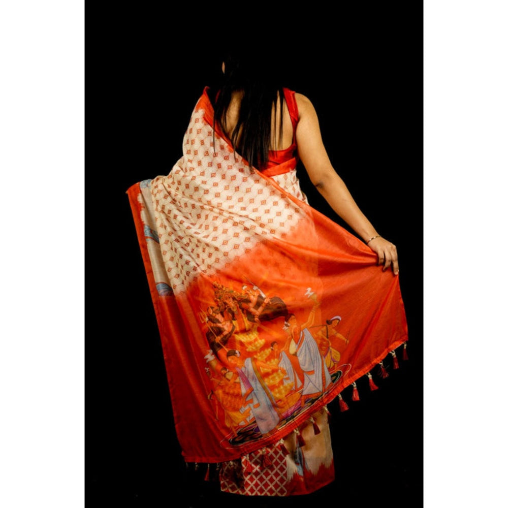 Isadora Life Womens Printed Tassels Cream Pre-Draped Saree With Unstitched Blouse