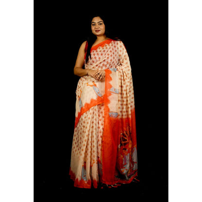 Isadora Life Womens Printed Tassels Cream Pre-Draped Saree With Unstitched Blouse