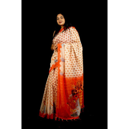 Isadora Life Womens Printed Tassels Cream Pre-Draped Saree With Unstitched Blouse