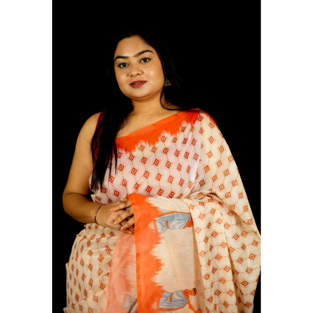 Isadora Life Womens Printed Tassels Cream Pre-Draped Saree With Unstitched Blouse