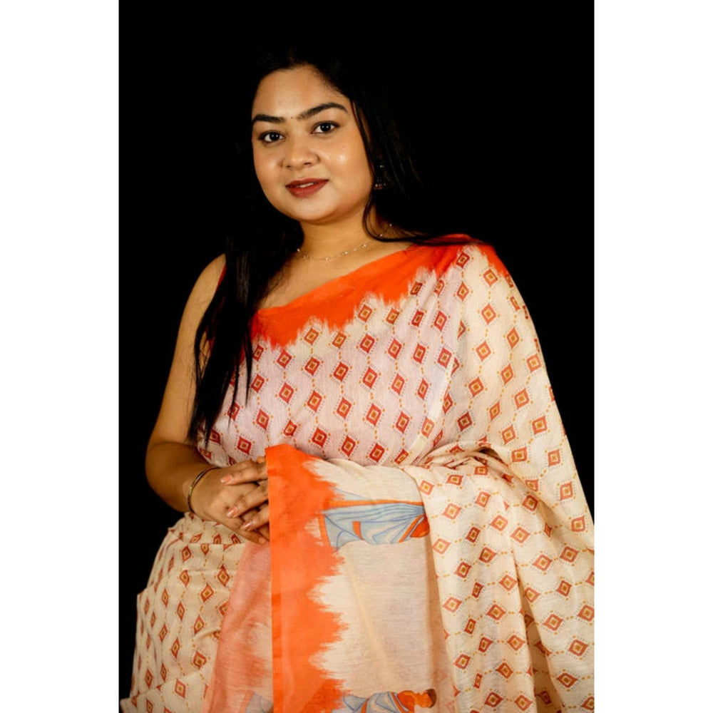 Isadora Life Womens Printed Tassels Cream Pre-Draped Saree With Unstitched Blouse